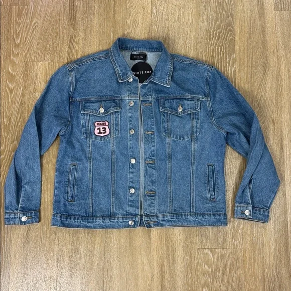 White Fox Adriana Oversized Denim Jacket Admiral Blue with Patches Size S/M - Picture 4 of 9